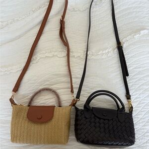 Brown Straw Crossbody Bag with Tan Leather Trim and Darker purple woven